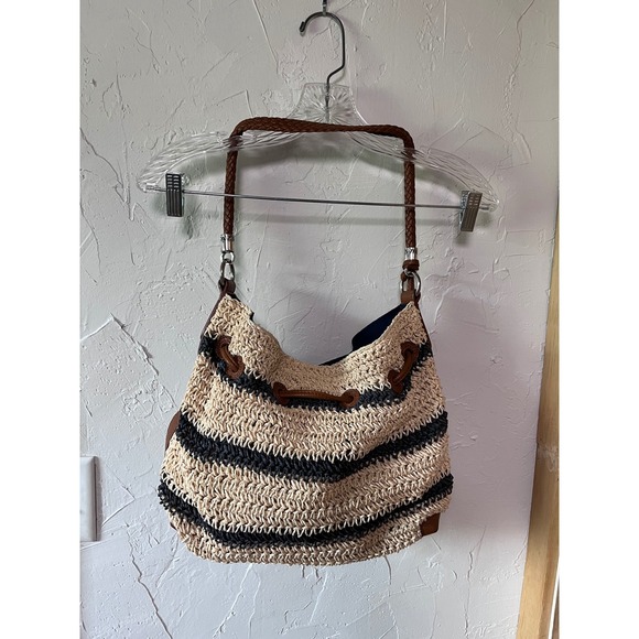 Brighton Straw Striped Shoulder Bag with Leather Accents and Anchor‎ Lining